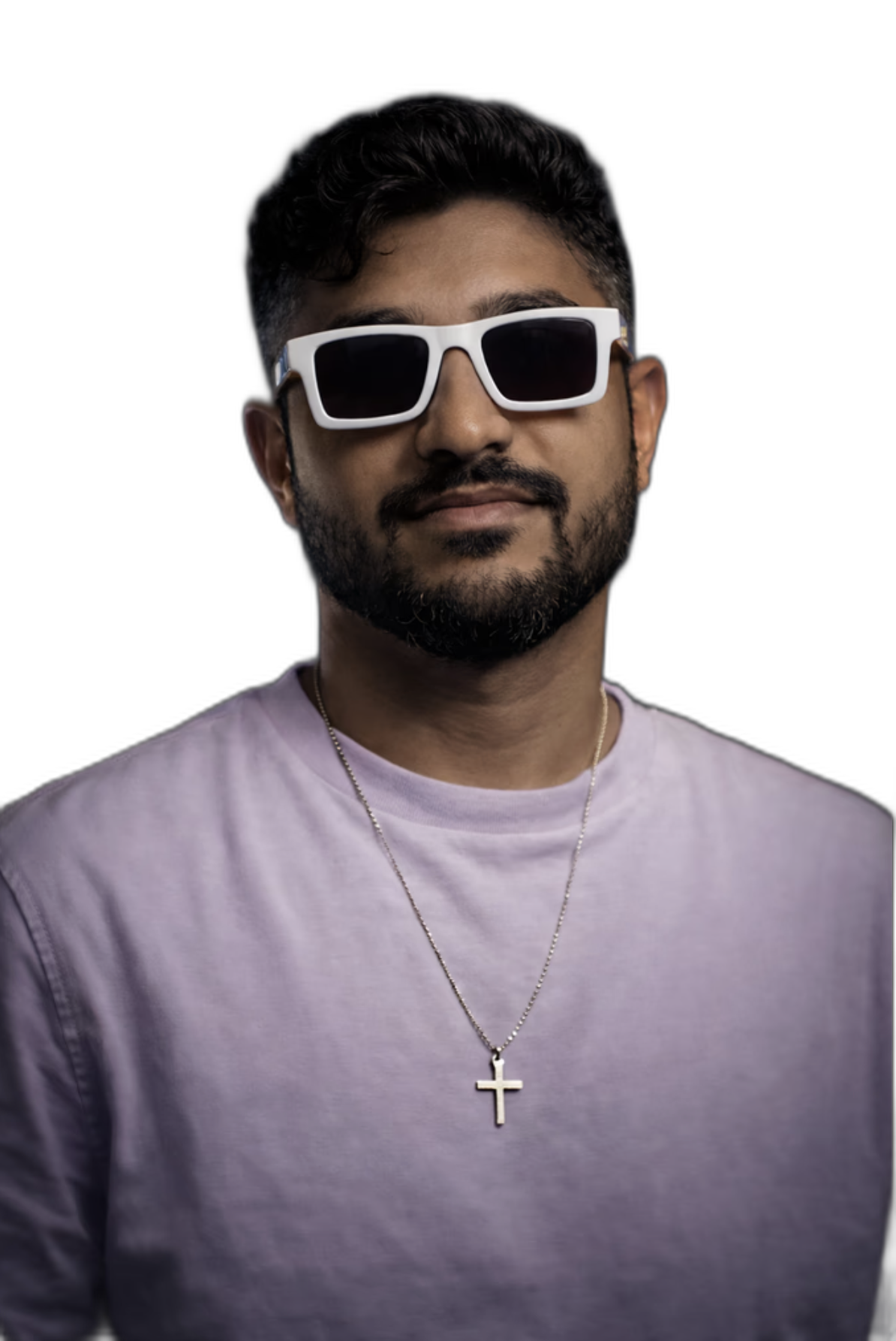 Ajith Steve wearing white sunglasses and a lavender shirt